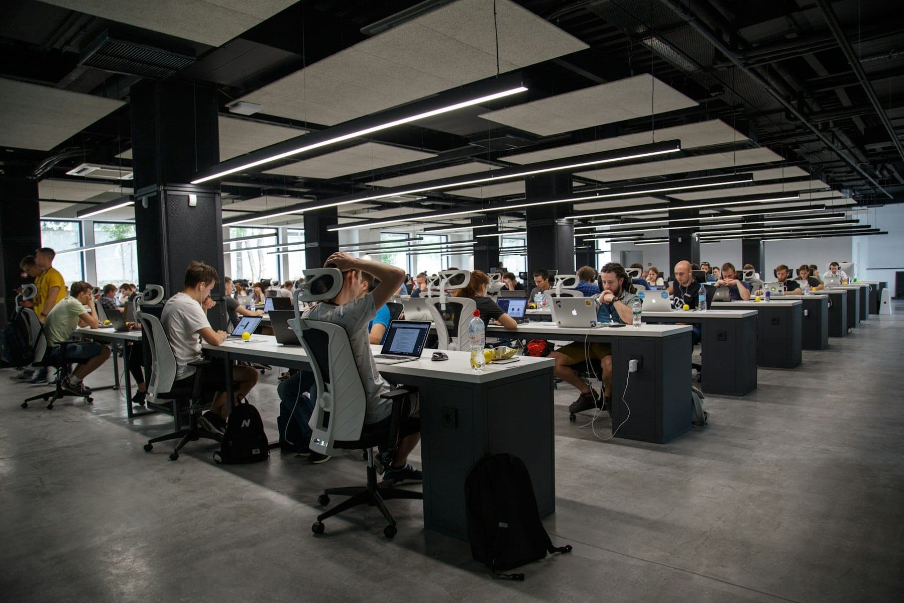 A working studio floor with people at desks
