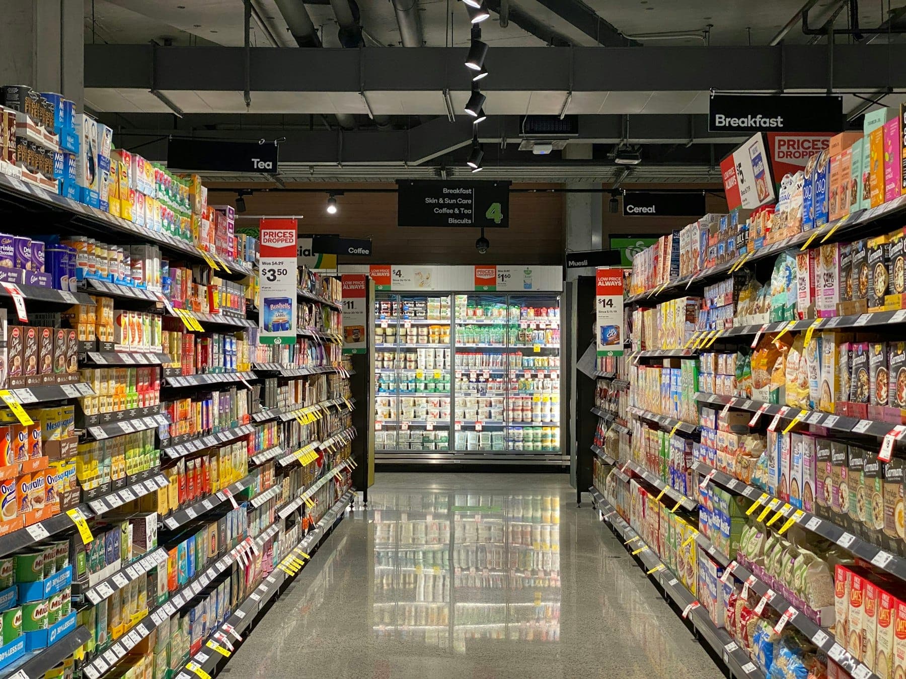 A supermarket aisle stocked with products